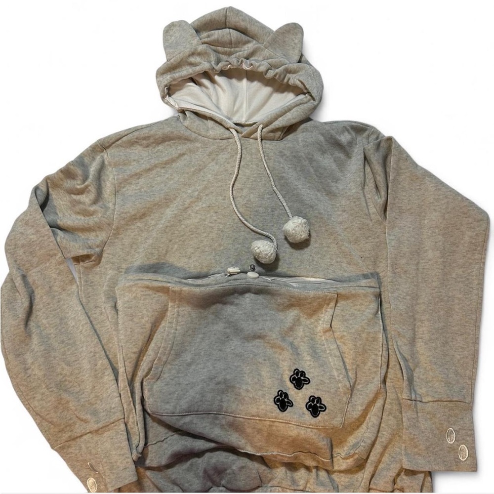 Gray Hoodie with Cat Ears and Pom Poms